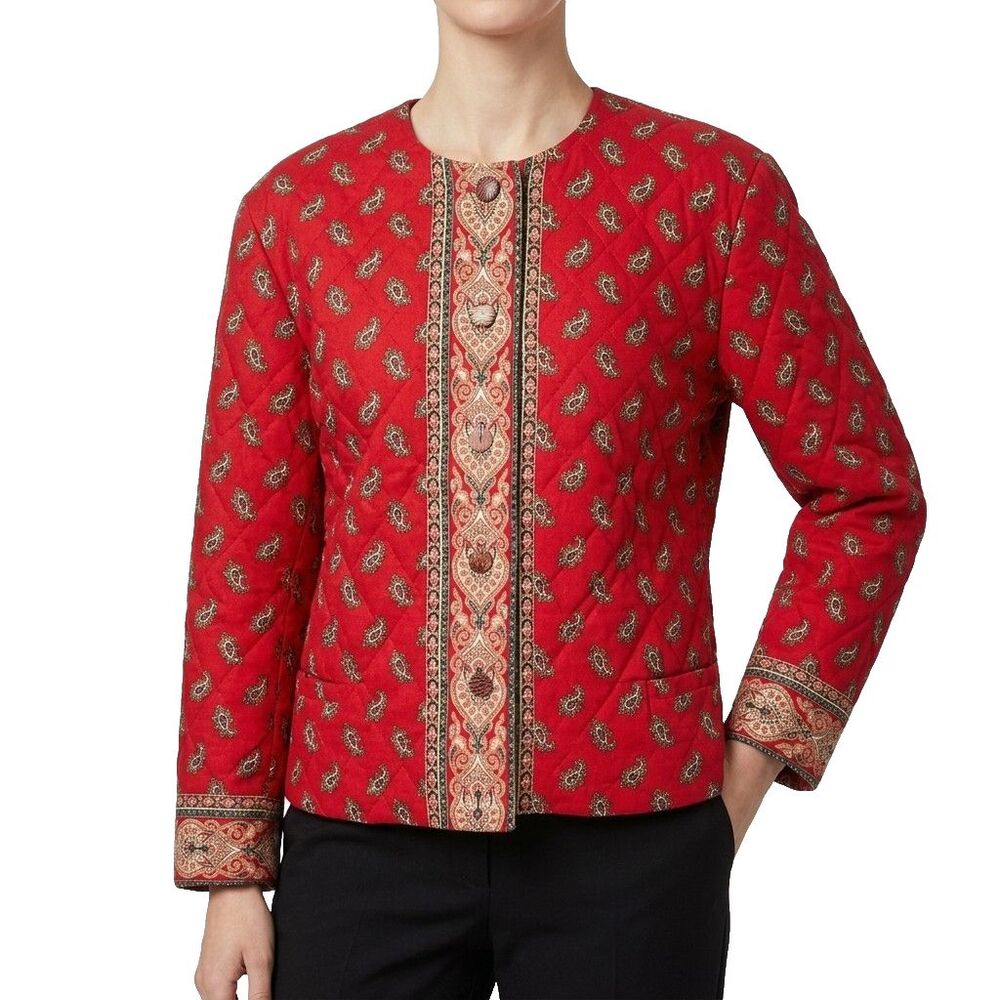 Vera Bradley Vintage Womens Jacket L Red Paisley Quilted Cotton USA Cottagecore